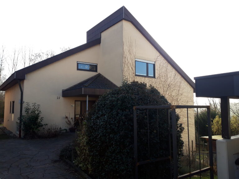 Schrägdachhaus, Busch, Fenster, Einfahrt, Winter.