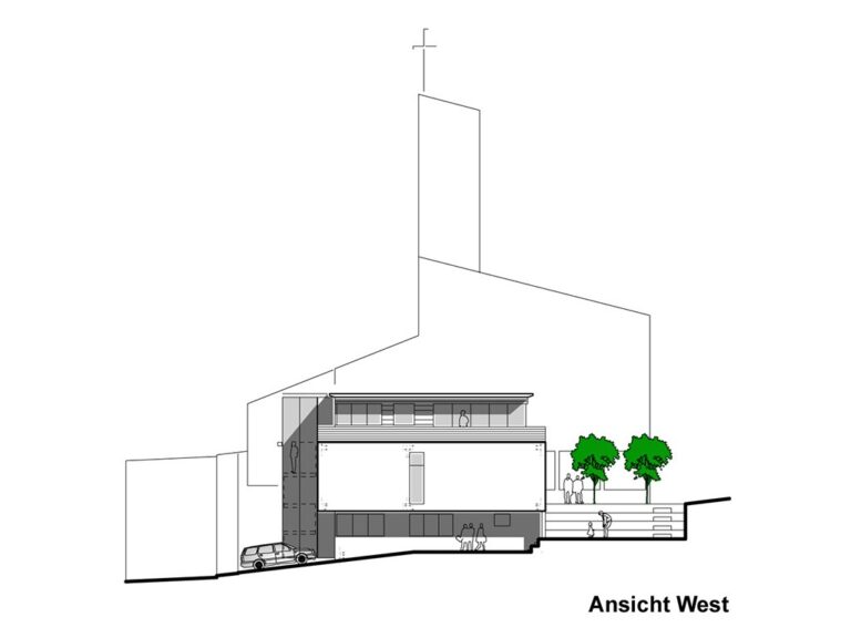 Kirchenschnitt, modern, mit Bäumen.