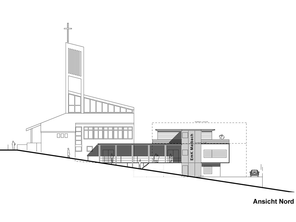 Kirche mit modernem Gemeindezentrum.